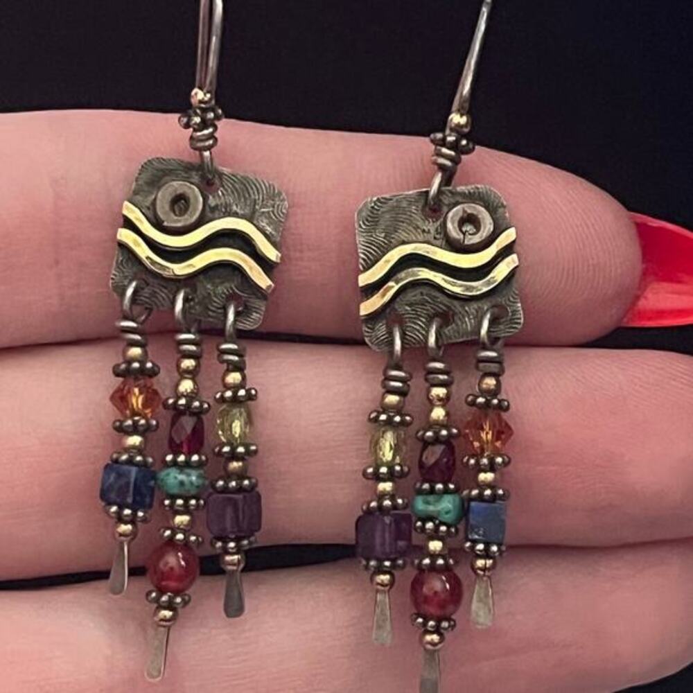 Vintage Artisan 925 Sterling Silver Gemstone Bead Dangle Earrings OOAK